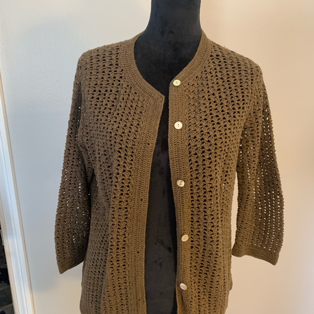 Eddie Bauer Hand Crochet Cardigan 3/4 sleeve open knit Medium